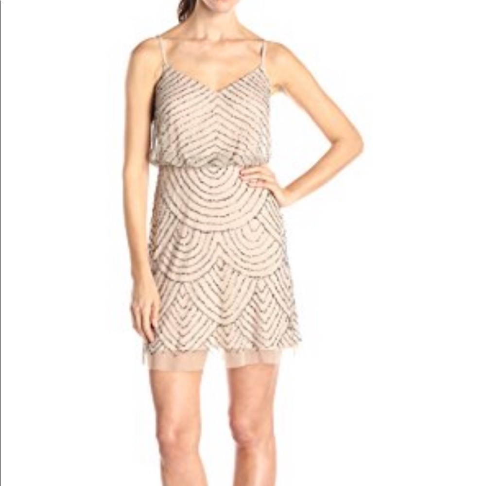 Adrianna Papell Grey beaded nude dress! Size 8!